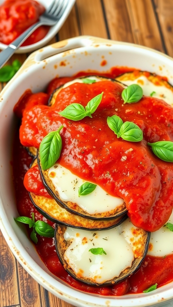 Eggplant Parmesan with layers of breaded eggplant, marinara sauce, and melted cheese, garnished with basil.